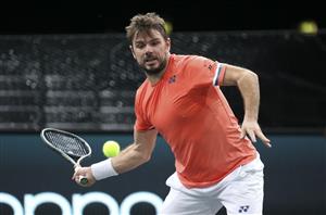 PARIS, FRANCE - NOVEMBER 5: Stan Wawrinka of Switzerland in action against Andrey Rublev of Russia during day 4 of the Rolex Paris Masters, an ATP Masters 1000 tournament held behind closed doors at AccorHotels Arena formerly known as Paris Bercy on November 5, 2020 in Paris, France. (Photo by Jean Catuffe/Getty Images)