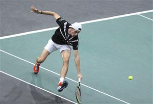 PARIS, FRANCE - NOVEMBER 5: Ugo Humbert of France in action against Martin Cilic of Croatia during day 4 of the Rolex Paris Masters, an ATP Masters 1000 tournament held behind closed doors at AccorHotels Arena formerly known as Paris Bercy on November 5, 2020 in Paris, France. (Photo by Jean Catuffe/Getty Images)