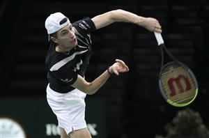 PARIS, FRANCE - NOVEMBER 5: Ugo Humbert of France in action against Martin Cilic of Croatia during day 4 of the Rolex Paris Masters, an ATP Masters 1000 tournament held behind closed doors at AccorHotels Arena formerly known as Paris Bercy on November 5, 2020 in Paris, France. (Photo by Jean Catuffe/Getty Images)