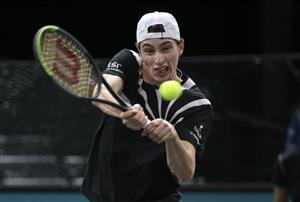 PARIS, FRANCE - NOVEMBER 5: Ugo Humbert of France in action against Martin Cilic of Croatia during day 4 of the Rolex Paris Masters, an ATP Masters 1000 tournament held behind closed doors at AccorHotels Arena formerly known as Paris Bercy on November 5, 2020 in Paris, France. (Photo by Jean Catuffe/Getty Images)