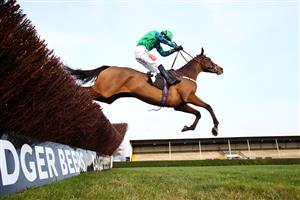 WINCANTON, ENGLAND - NOVEMBER 07: Daryl Jacob on board Ga Law jump on their way to victory during the 'Rising Stars' Novices' Chase at Wincanton Racecourse on November 7, 2020 in Wincanton, England. (Photo by Michael Steele/Getty Images)