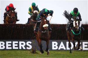 WINCANTON, ENGLAND - NOVEMBER 07: David Bass on board El Presente jump on their way to victory during the Badger Beers Silver Trophy Handicap Chase at Wincanton Racecourse on November 7, 2020 in Wincanton, England. (Photo by Michael Steele/Getty Images)