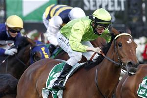MELBOURNE, AUSTRALIA - NOVEMBER 07: Michael Poy rides Affair To Remember to win race 7 the Matriarch Stakes during 2020 Seppelt Wines Stakes Day at Flemington Racecourse on November 07, 2020 in Melbourne, Australia. (Photo by Darrian Traynor/Getty Images for the VRC)