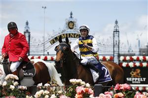 MELBOURNE, AUSTRALIA - NOVEMBER 07: Declan Bates riding #2 Barade returns to scale after winning race 1, the Special Kids Pin & Win Trophy during 2020 Seppelt Wines Stakes Day at Flemington Racecourse on November 07, 2020 in Melbourne, Australia. (Photo by Daniel Pockett/Getty Images for the VRC)