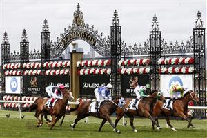 MELBOURNE, AUSTRALIA - NOVEMBER 07: Ben Allen on board Sansom wins race 3 the Network 10 Chatham Stakes during 2020 Seppelt Wines Stakes Day at Flemington Racecourse on November 07, 2020 in Melbourne, Australia. (Photo by Darrian Traynor/Getty Images for the VRC)