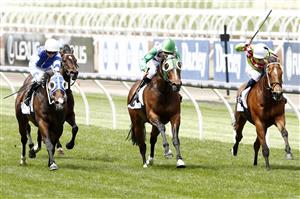 MELBOURNE, AUSTRALIA - NOVEMBER 07: Ben Allen (R) on board Sansom wins race 3 the Network 10 Chatham Stakes during 2020 Seppelt Wines Stakes Day at Flemington Racecourse on November 07, 2020 in Melbourne, Australia. (Photo by Darrian Traynor/Getty Images for the VRC)