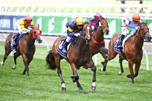 MELBOURNE, AUSTRALIA - NOVEMBER 07: Jockey Ben Melham rides Shelby Cobra to win Race 2, the The Amanda Elliott, during 2020 Seppelt Wines Stakes Day at Flemington Racecourse on November 07, 2020 in Melbourne, Australia. (Photo by Vince Caligiuri/Getty Images for the VRC)