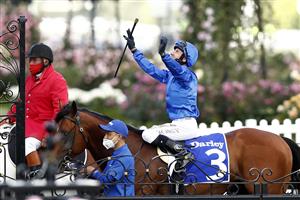 MELBOURNE, AUSTRALIA - NOVEMBER 07: Glenn Boss on board Bivouac returns to scale after winning race 6 the Darley Sprint Classic during 2020 Seppelt Wines Stakes Day at Flemington Racecourse on November 07, 2020 in Melbourne, Australia. (Photo by Darrian Traynor/Getty Images for the VRC)