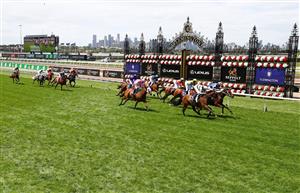 MELBOURNE, AUSTRALIA - NOVEMBER 07: Declan Bates riding #2 Barade wins just ahead of Hugh Bowman riding #1 Almania during race 1, the Special Kids Pin & Win Trophy during 2020 Seppelt Wines Stakes Day at Flemington Racecourse on November 07, 2020 in Melbourne, Australia. (Photo by Robert Cianflone/Getty Images for the VRC)