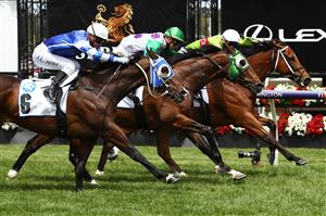 MELBOURNE, AUSTRALIA - NOVEMBER 07: Ben Allen riding #7 Sansom beats Zac Spain riding #8 Morvada and Jamie Kah riding #6 Bold Star to win race 3, the Network 10 Chatham Stakes during 2020 Seppelt Wines Stakes Day at Flemington Racecourse on November 07, 2020 in Melbourne, Australia. (Photo by Robert Cianflone/Getty Images for the VRC)