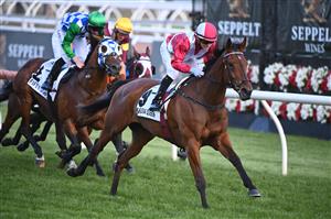MELBOURNE, AUSTRALIA - NOVEMBER 07: Jockey Luke Currie rides Arcadia Queen to win Race 8, the Seppelt Mackinnon Stakes, during 2020 Seppelt Wines Stakes Day at Flemington Racecourse on November 07, 2020 in Melbourne, Australia. (Photo by Vince Caligiuri/Getty Images for the VRC)