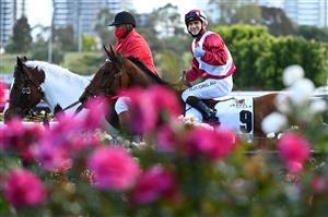 MELBOURNE, AUSTRALIA - NOVEMBER 07: Luke Currie riding #9 Arcadia Queen returns to scale after winning race 8, the Seppelt Mackinnon Stakes during 2020 Seppelt Wines Stakes Day at Flemington Racecourse on November 07, 2020 in Melbourne, Australia. (Photo by Quinn Rooney/Getty Images for the VRC)