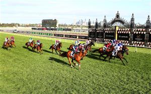 MELBOURNE, AUSTRALIA - NOVEMBER 07: Luke Nolen riding #8 Leiter wins race 9, the Seppelt Drumborg Grand Handicap during 2020 Seppelt Wines Stakes Day at Flemington Racecourse on November 07, 2020 in Melbourne, Australia. (Photo by Robert Cianflone/Getty Images for the VRC)