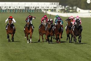 MELBOURNE, AUSTRALIA - NOVEMBER 07: Luke Nolan on board Leiter #8 (R) wins race 9 Seppelt Drumborg Grand Handicap during 2020 Seppelt Wines Stakes Day at Flemington Racecourse on November 07, 2020 in Melbourne, Australia. (Photo by Daniel Pockett/Getty Images for the VRC)
