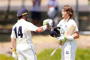 Marcus Harris congratulates Pucovski on reaching his century during day one of the Sheffield Shield match between Victoria and Western Australia (Getty Images)