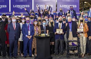 LEXINGTON, KY - NOVEMBER 07: Trainer Bob Baffert celebrates with owners of Authentic after the horse won the Breeders Cup Classic at Keenland on November 7, 2020 in Lexington, Kentucky. (Photo by Bobby Ellis/Getty Images)