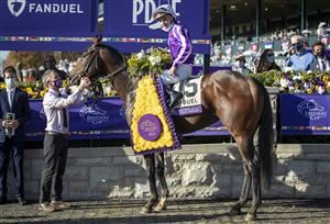 LEXINGTON, KY - NOVEMBER 07: Christophe Soumillon, riding Order of Australia, celebrates after winning the Breeders Cup Mile at Keenland on November 6, 2020 in Lexington, Kentucky. (Photo by Bobby Ellis/Getty Images)