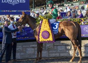 LEXINGTON, KY - NOVEMBER 07: Christophe Soumillon celebrates after winning the Breeders Cup Turf on Tarnawa at Keenland on November 7, 2020 in Lexington, Kentucky. (Photo by Bobby Ellis/Getty Images)