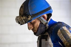 LEXINGTON, KY - NOVEMBER 07: Gabriel Saez walks off the track after the Breeders Cup Dirt Mile at Keenland on November 6, 2020 in Lexington, Kentucky. (Photo by Bobby Ellis/Getty Images)