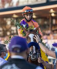 LEXINGTON, KY - NOVEMBER 07: John Velazquez walks Authentic to the winners circle after winning the Breeders Cup Classic at Keenland on November 7, 2020 in Lexington, Kentucky. (Photo by Bobby Ellis/Getty Images)
