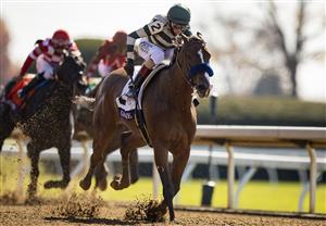 LEXINGTON, KY - NOVEMBER 07: Gamine, ridden by John Velazquez, crosses the finish line to win the Filly and Mare Sprint on the second day of the Breeders Cup at Keenland on November 6, 2020 in Lexington, Kentucky. (Photo by Bobby Ellis/Getty Images)