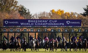 LEXINGTON, KY - NOVEMBER 07: The horses leave the gate at the start of the Breeders Cup Mile at Keenland on November 6, 2020 in Lexington, Kentucky. (Photo by Bobby Ellis/Getty Images)***Local Caption***