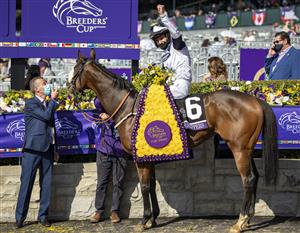 LEXINGTON, KY - NOVEMBER 07: Tom Eaves, riding Glass Slippers, celebrates after winning the Turf Sprint on the second day of the Breeders Cup Championships at Keenland on November 6, 2020 in Lexington, Kentucky. (Photo by Bobby Ellis/Getty Images)