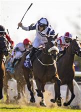 LEXINGTON, KY - NOVEMBER 07: Tom Eaves, riding Glass Slippers, celebrates as he crosses the finish line to win the Turf Sprint on the second day of the Breeders Cup at Keenland on November 6, 2020 in Lexington, Kentucky. (Photo by Bobby Ellis/Getty Images)