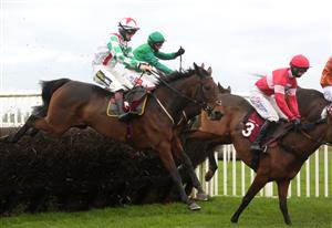 BANGOR, WALES - NOVEMBER 11: Zambella ridden by Daryl Jacob (centre) goes on to win The Bangor On Dee Racecourse Mares Novices Chase at Bangor-on-Dee Racecourse on November 11, 2020 in Bangor, United Kingdom. (Photo by David Davies - Pool/Getty Images)