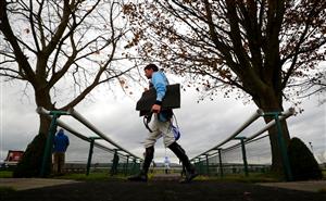 BANGOR, WALES - NOVEMBER 11: Derek Fox goes to weigh in ahead of Overton On Dee Handicap Hurdle at Bangor-on-Dee Racecourse on November 11, 2020 in Bangor, United Kingdom. (Photo by David Davies - Pool/Getty Images)