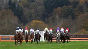 BANGOR, WALES - NOVEMBER 11: Runners and riders in The Anne Duchess Of Westminster Memorial Handicap Chase at Bangor-on-Dee Racecourse on November 11, 2020 in Bangor, United Kingdom. (Photo by David Davies - Pool/Getty Images)