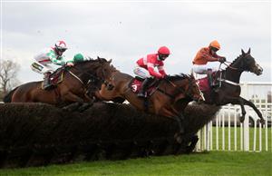 BANGOR, WALES - NOVEMBER 11: Runners and riders in The Bangor On Dee Racecourse Mares Novices Chase at Bangor-on-Dee Racecourse on November 11, 2020 in Bangor, United Kingdom. (Photo by David Davies - Pool/Getty Images)