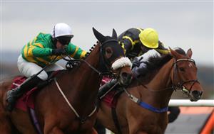 BANGOR, WALES - NOVEMBER 11: Mint Condition ridden by Kielan Woods (right) wins The Overton On Dee Handicap Hurdle at Bangor-on-Dee Racecourse on November 11, 2020 in Bangor, United Kingdom. (Photo by David Davies - Pool/Getty Images)