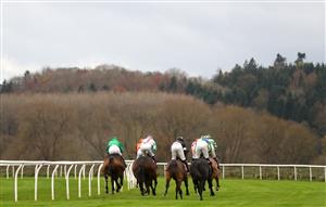 BANGOR, WALES - NOVEMBER 11: Runners and riders in The Bangor On Dee Racecourse Mares Novices Chase at Bangor-on-Dee Racecourse on November 11, 2020 in Bangor, United Kingdom. (Photo by David Davies - Pool/Getty Images)