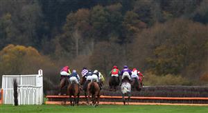 BANGOR, WALES - NOVEMBER 11: Runners and riders in The Anne Duchess Of Westminster Memorial Handicap Chase at Bangor-on-Dee Racecourse on November 11, 2020 in Bangor, United Kingdom. (Photo by David Davies - Pool/Getty Images)