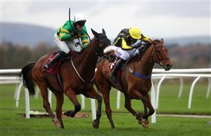 BANGOR, WALES - NOVEMBER 11: Mint Condition ridden by Kielan Woods (right) wins The Overton On Dee Handicap Hurdle at Bangor-on-Dee Racecourse on November 11, 2020 in Bangor, United Kingdom. (Photo by David Davies - Pool/Getty Images)