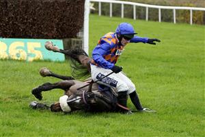 TAUNTON, ENGLAND - NOVEMBER 12: Jonathan Burke riding Pontresina fall at the last in The Arthur & Peggy White Memorial Handicap Chase at Taunton Racecourse on November 12, 2020 in Taunton, England. Owners are allowed to attend if they have a runner at the meeting otherwise racing remains behind closed doors to the public due to the Coronavirus pandemic. (Photo by Alan Crowhurst/Getty Images)