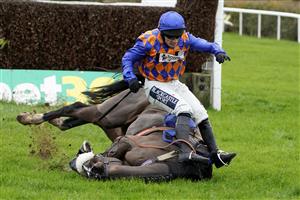 TAUNTON, ENGLAND - NOVEMBER 12: Jonathan Burke riding Pontresina fall at the last in The Arthur & Peggy White Memorial Handicap Chase at Taunton Racecourse on November 12, 2020 in Taunton, England. Owners are allowed to attend if they have a runner at the meeting otherwise racing remains behind closed doors to the public due to the Coronavirus pandemic. (Photo by Alan Crowhurst/Getty Images)