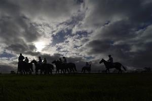 TAUNTON, ENGLAND - NOVEMBER 12: A general view as runners circle at the start for The Cornish Rock Gin Selling Hurdle at Taunton Racecourse on November 12, 2020 in Taunton, England. Owners are allowed to attend if they have a runner at the meeting otherwise racing remains behind closed doors to the public due to the Coronavirus pandemic. (Photo by Alan Crowhurst/Getty Images)