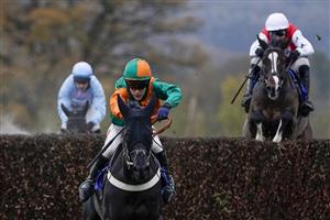 TAUNTON, ENGLAND - NOVEMBER 12: James Davies riding Duokarov clear the last to win The Michael Spiers Novices' Handicap Chase at Taunton Racecourse on November 12, 2020 in Taunton, England. Owners are allowed to attend if they have a runner at the meeting otherwise racing remains behind closed doors to the public due to the Coronavirus pandemic. (Photo by Alan Crowhurst/Getty Images)