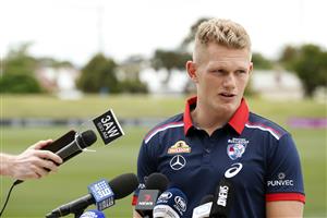 MELBOURNE, AUSTRALIA - NOVEMBER 13: Adam Treloar speaks to the media during a Western Bulldogs AFL media opportunity at Whitten Oval on November 13, 2020 in Melbourne, Australia. (Photo by Darrian Traynor/Getty Images)