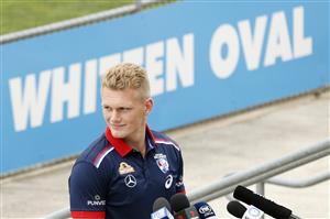 MELBOURNE, AUSTRALIA - NOVEMBER 13: Adam Treloar speaks to the media during a Western Bulldogs AFL media opportunity at Whitten Oval on November 13, 2020 in Melbourne, Australia. (Photo by Darrian Traynor/Getty Images)