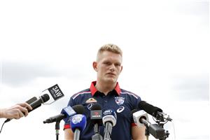 MELBOURNE, AUSTRALIA - NOVEMBER 13: Adam Treloar speaks to the media during a Western Bulldogs AFL media opportunity at Whitten Oval on November 13, 2020 in Melbourne, Australia. (Photo by Darrian Traynor/Getty Images)