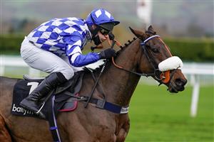 CHELTENHAM, ENGLAND - NOVEMBER 13: David Bass riding Does He Know clear the last to win The Ballymore Novices' Hurdle at Cheltenham Racecourse on November 13, 2020 in Cheltenham, England. Owners are allowed to attend if they have a runner at the meeting otherwise racing remains behind closed doors to the public due to the Coronavirus pandemic. (Photo by Alan Crowhurst/Getty Images)