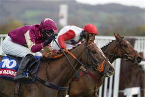 CHELTENHAM, ENGLAND - NOVEMBER 13: Paul O'Brien riding Castle Robin (maroon) clear the last to win The Markel Insurance Conditional Jockeys' Handicap Hurdle at Cheltenham Racecourse on November 13, 2020 in Cheltenham, England. Owners are allowed to attend if they have a runner at the meeting otherwise racing remains behind closed doors to the public due to the Coronavirus pandemic. (Photo by Alan Crowhurst/Getty Images)