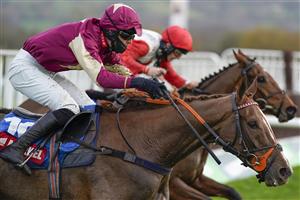 CHELTENHAM, ENGLAND - NOVEMBER 13: Paul O'Brien riding Castle Robin (maroon) clear the last to win The Markel Insurance Conditional Jockeys' Handicap Hurdle at Cheltenham Racecourse on November 13, 2020 in Cheltenham, England. Owners are allowed to attend if they have a runner at the meeting otherwise racing remains behind closed doors to the public due to the Coronavirus pandemic. (Photo by Alan Crowhurst/Getty Images)