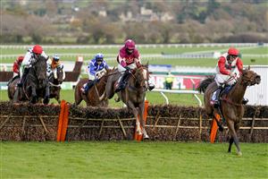 CHELTENHAM, ENGLAND - NOVEMBER 13: Paul O'Brien riding Castle Robin (maroon) clear the last to win The Markel Insurance Conditional Jockeys' Handicap Hurdle at Cheltenham Racecourse on November 13, 2020 in Cheltenham, England. Owners are allowed to attend if they have a runner at the meeting otherwise racing remains behind closed doors to the public due to the Coronavirus pandemic. (Photo by Alan Crowhurst/Getty Images)