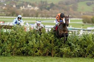 CHELTENHAM, ENGLAND - NOVEMBER 13: Tom Scudamore riding Kingswell Theatre clear the last to win The Glenfarclas Cross Country Handicap Chase at Cheltenham Racecourse on November 13, 2020 in Cheltenham, England. Owners are allowed to attend if they have a runner at the meeting otherwise racing remains behind closed doors to the public due to the Coronavirus pandemic. (Photo by Alan Crowhurst/Getty Images)