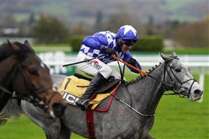 CHELTENHAM, ENGLAND - NOVEMBER 14: Robbie Power riding Duffle Coat (blue) clear the last to win The JCB Triumph Trial Juvenile Hurdle at Cheltenham Racecourse on November 14, 2020 in Cheltenham, England. Owners are allowed to attend if they have a runner at the meeting otherwise racing remains behind closed doors to the public due to the Coronavirus pandemic. (Photo by Alan Crowhurst/Getty Images)