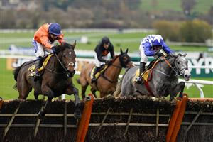 CHELTENHAM, ENGLAND - NOVEMBER 14: Robbie Power riding Duffle Coat (blue) clear the last to win The JCB Triumph Trial Juvenile Hurdle at Cheltenham Racecourse on November 14, 2020 in Cheltenham, England. Owners are allowed to attend if they have a runner at the meeting otherwise racing remains behind closed doors to the public due to the Coronavirus pandemic. (Photo by Alan Crowhurst/Getty Images)